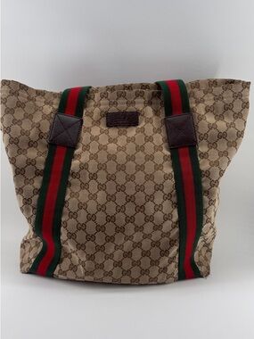 Gucci Beige GG Canvas Tote with Green and Red Web Straps